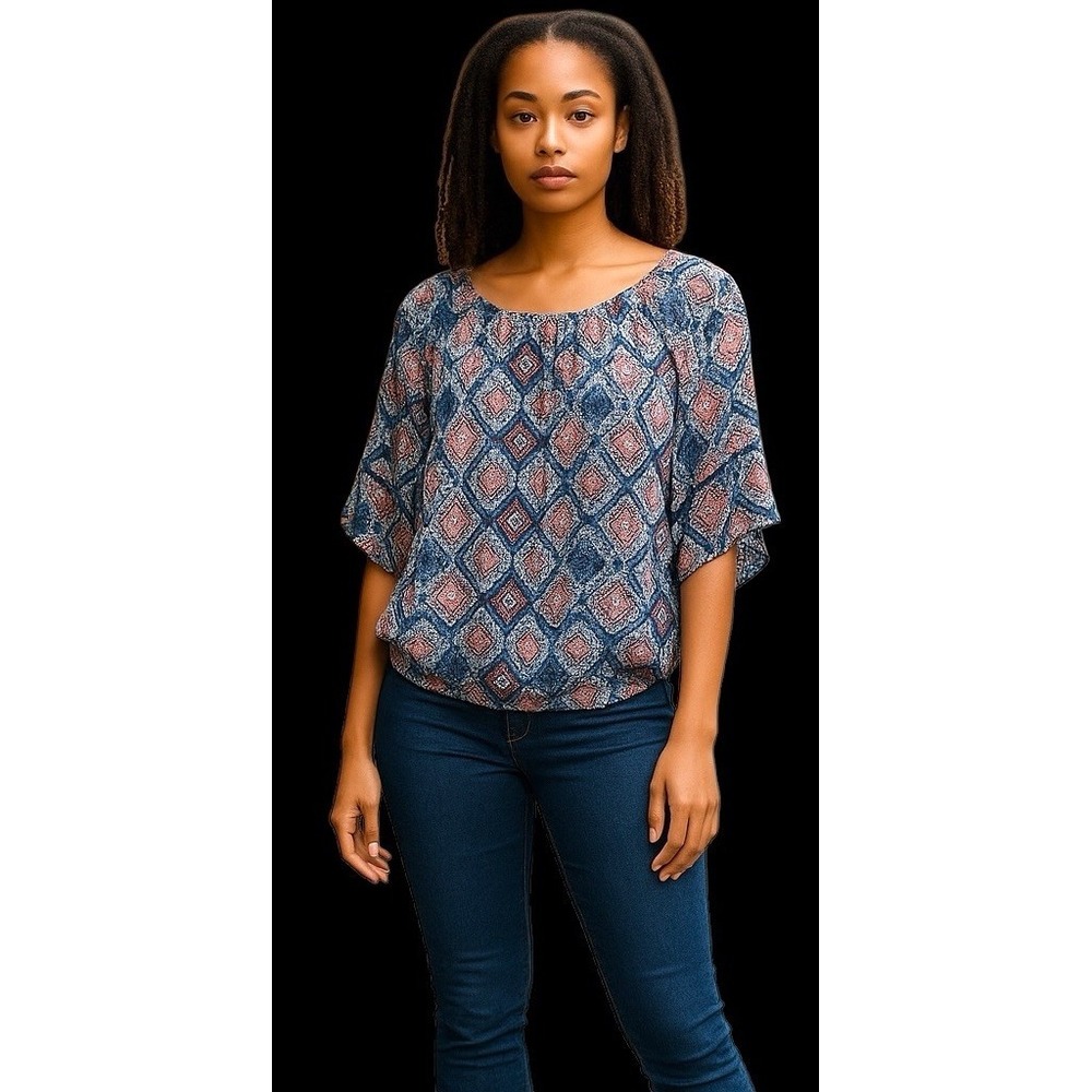 Westport Red White Blue Geometric Elastic Round Neck Half Sleeve Ruffle Blouse M